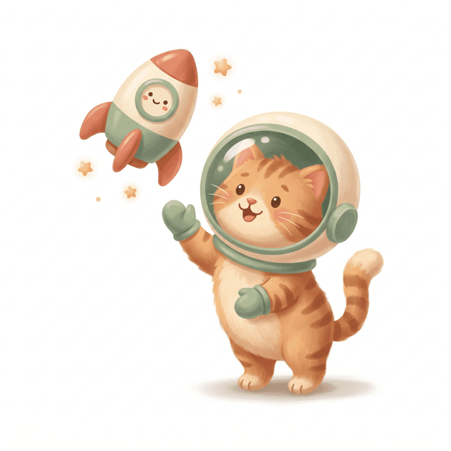 Kerem için üretilen, astronot kaskı takıp rokete uzanan kedi görseli